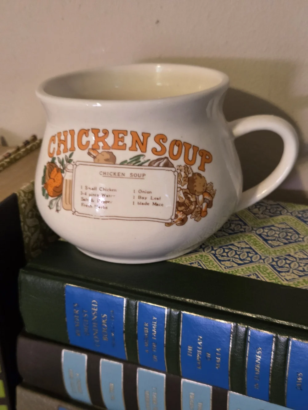 Large vintage chicken soup mug soup or coffee mug with recipe outside some fade